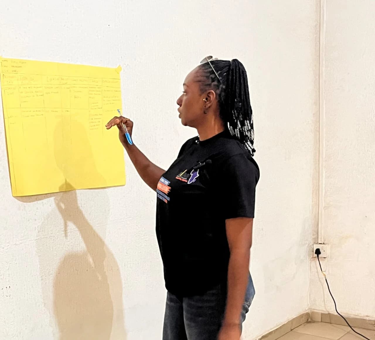 Peace reviewing a field plan pinned to the wall